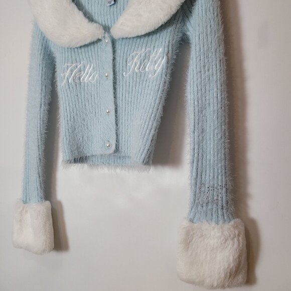 Hello Kitty & Friends X Forever 21 Blue Knit Cardigan W/Faux Fur Collar & Cuff - Picture 3 of 16